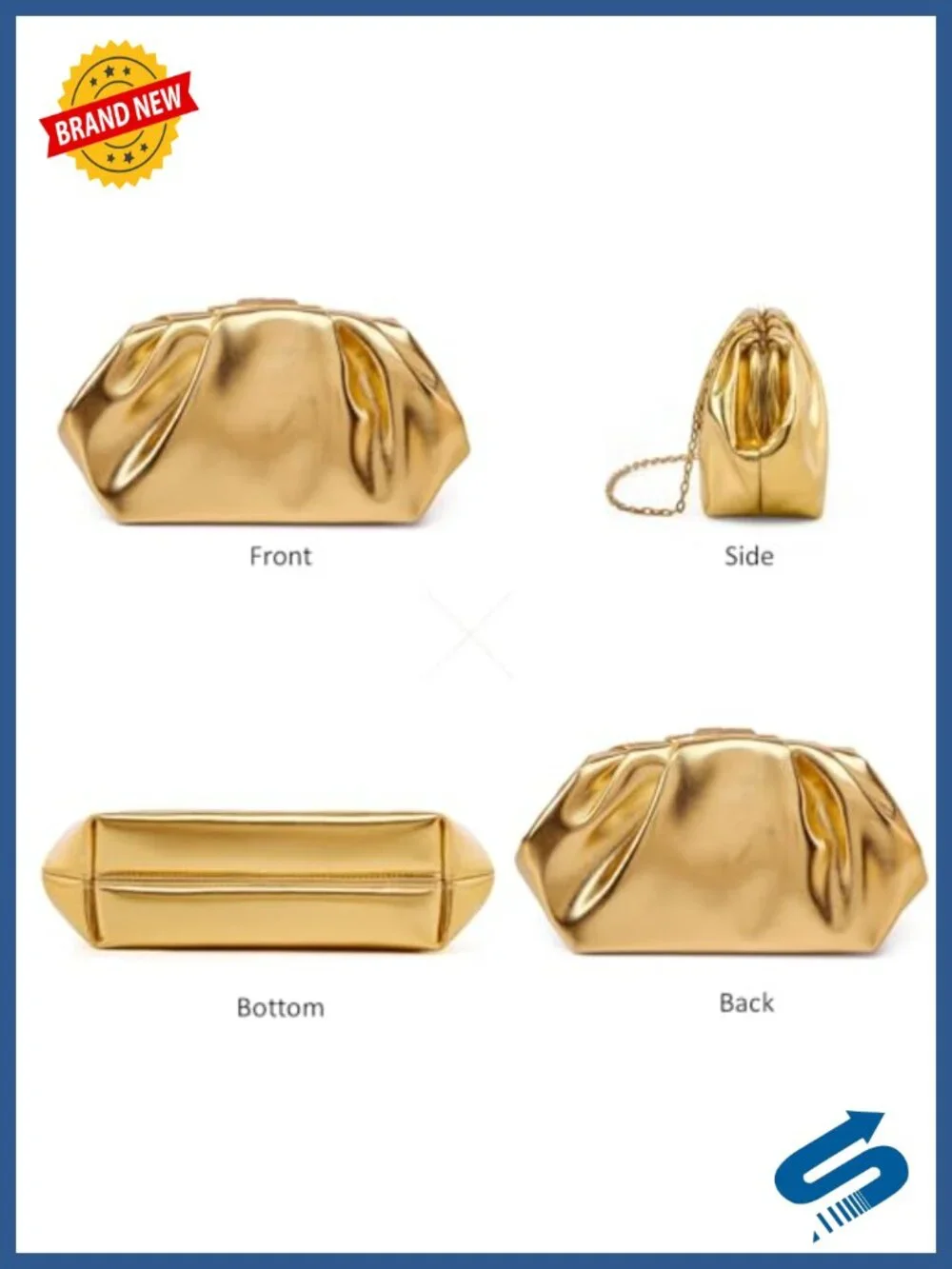 Pleated Vegan Leather Clutch Purse Detachable Chain Evening Bag